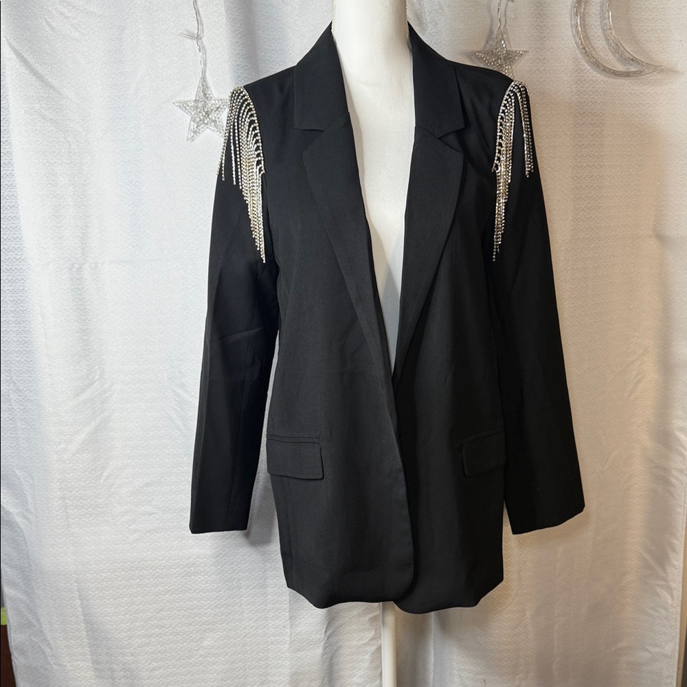 First Love Black Blazer with Silver Chain Details